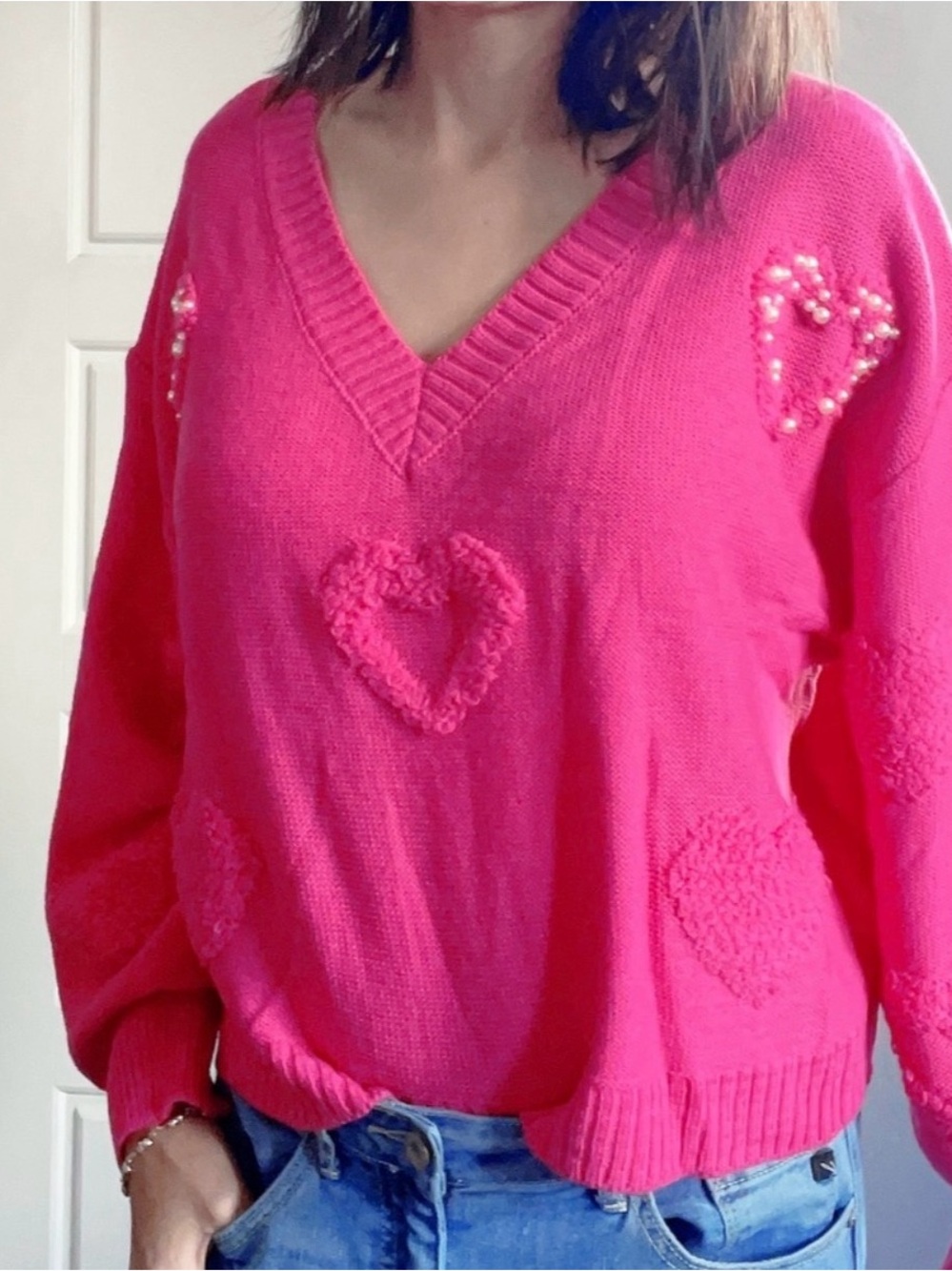 07 Cozy Heart V neck Vday oversized Sweater Top - Picture 5 of 8